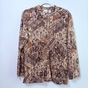 Chicos Zip Up Blouse Size 3 XL Brown Tan Sheer Lace Paisley Long Sleeve Top